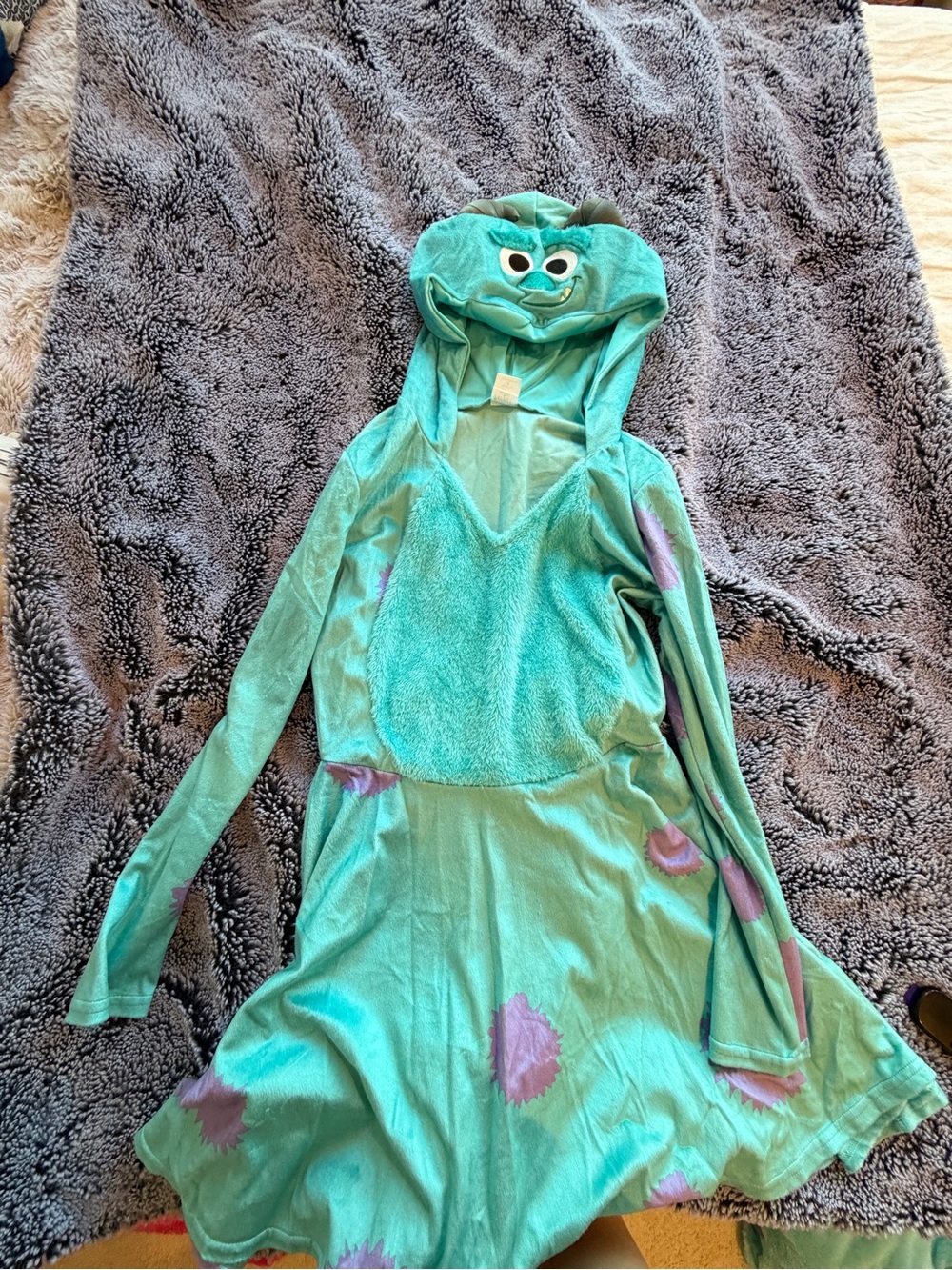 Like New- Party City Teal Monsters Inc Sully  Hooded Dress with Purple Spots